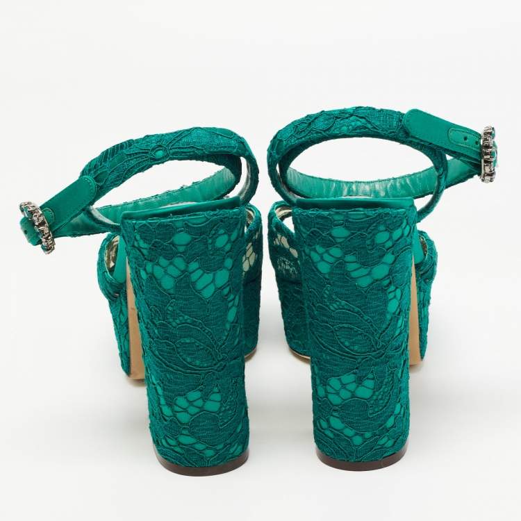 Pre Owned Dolce & Gabbana Green Lace and Satin  Keira Embellished Platform Sandals Size 41