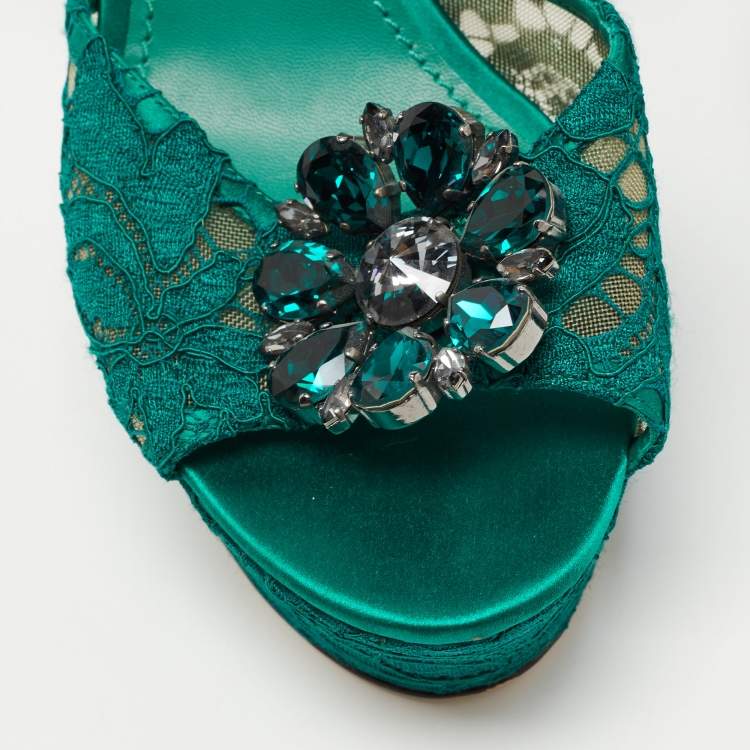 Pre Owned Dolce & Gabbana Green Lace and Satin  Keira Embellished Platform Sandals Size 41