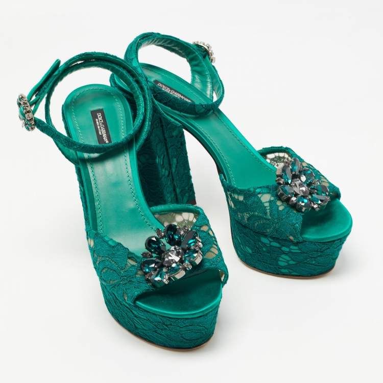 Pre Owned Dolce & Gabbana Green Lace and Satin  Keira Embellished Platform Sandals Size 41
