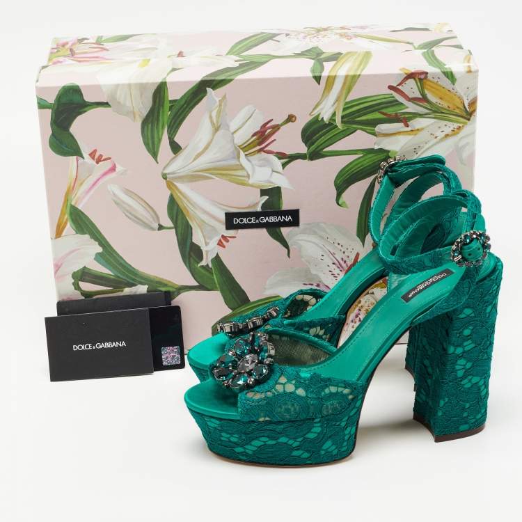 Pre Owned Dolce & Gabbana Green Lace and Satin  Keira Embellished Platform Sandals Size 41