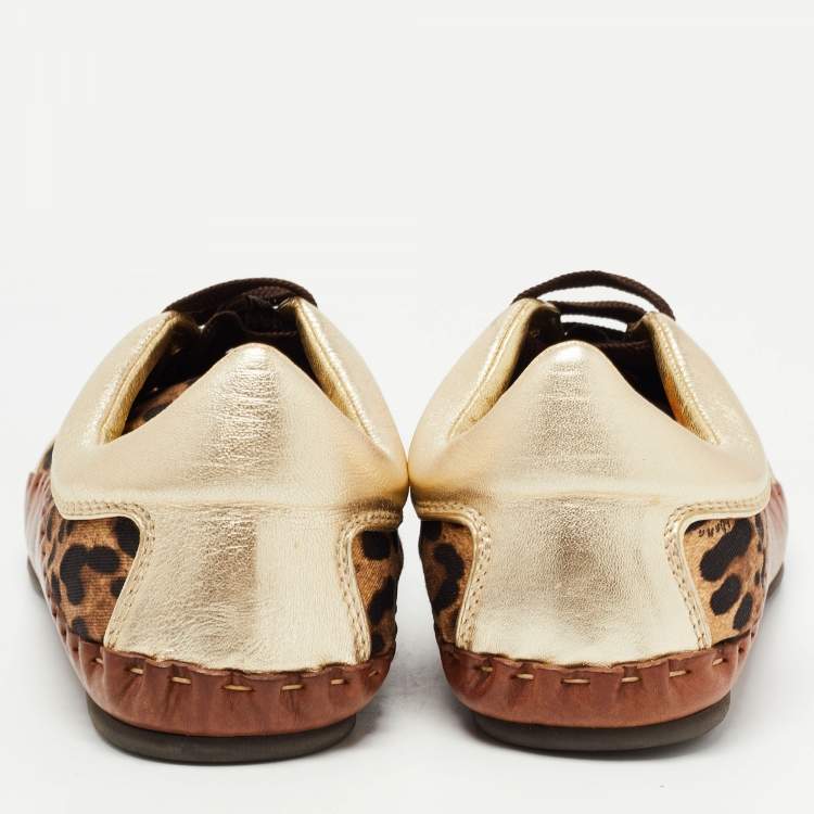Pre Owned Dolce & Gabbana Brown Leather and Canvas Leopard Print Low Top Sneakers Size 40.5