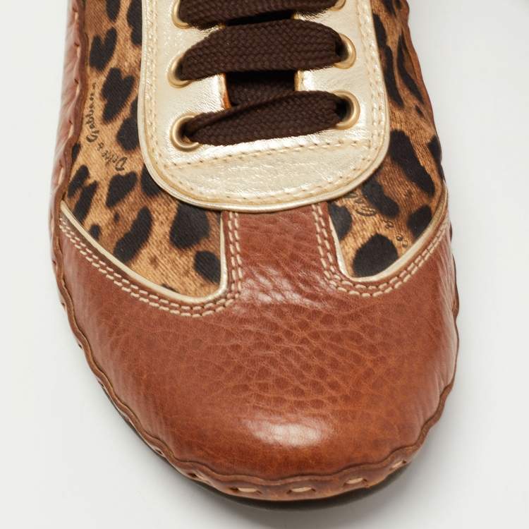 Pre Owned Dolce & Gabbana Brown Leather and Canvas Leopard Print Low Top Sneakers Size 40.5