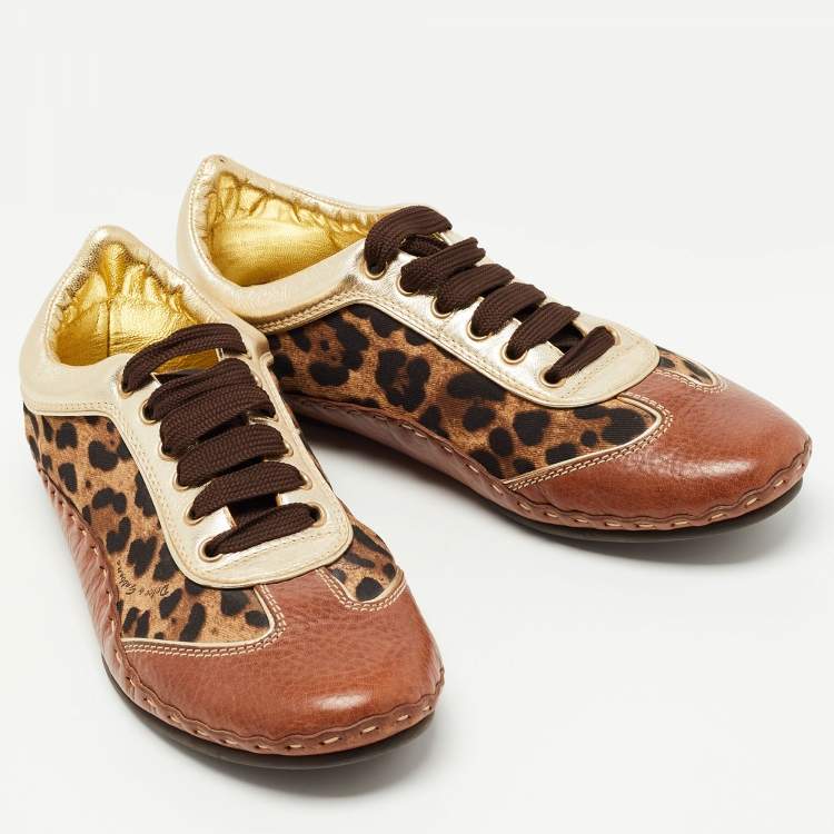 Pre Owned Dolce & Gabbana Brown Leather and Canvas Leopard Print Low Top Sneakers Size 40.5