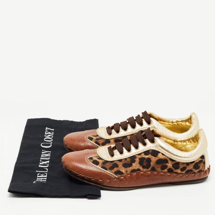 Pre Owned Dolce & Gabbana Brown Leather and Canvas Leopard Print Low Top Sneakers Size 40.5