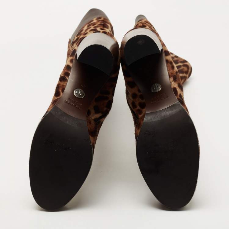 Pre Owned Dolce & Gabbana Brown Leopard Print Suede Knee Length Boots Size 40