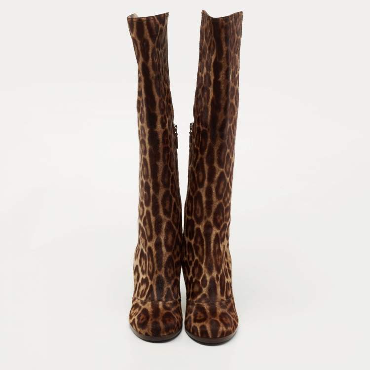 Pre Owned Dolce & Gabbana Brown Leopard Print Suede Knee Length Boots Size 40