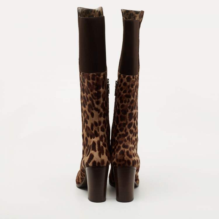 Pre Owned Dolce & Gabbana Brown Leopard Print Suede Knee Length Boots Size 40