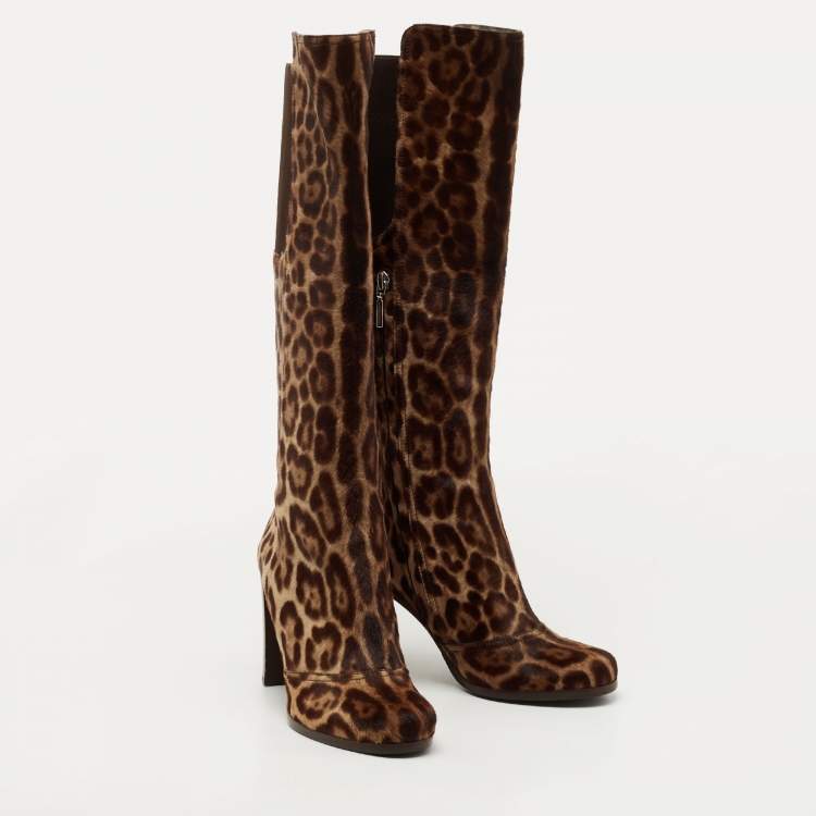 Pre Owned Dolce & Gabbana Brown Leopard Print Suede Knee Length Boots Size 40