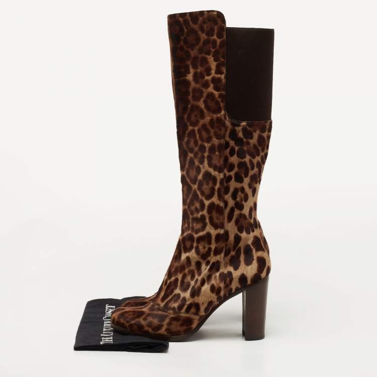 Pre Owned Dolce & Gabbana Brown Leopard Print Suede Knee Length Boots Size 40