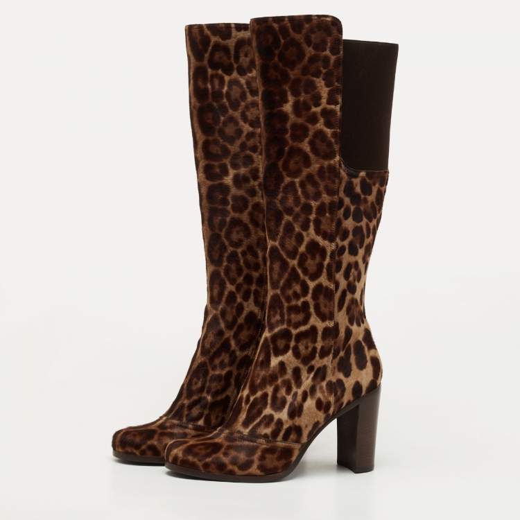 Pre Owned Dolce & Gabbana Brown Leopard Print Suede Knee Length Boots Size 40