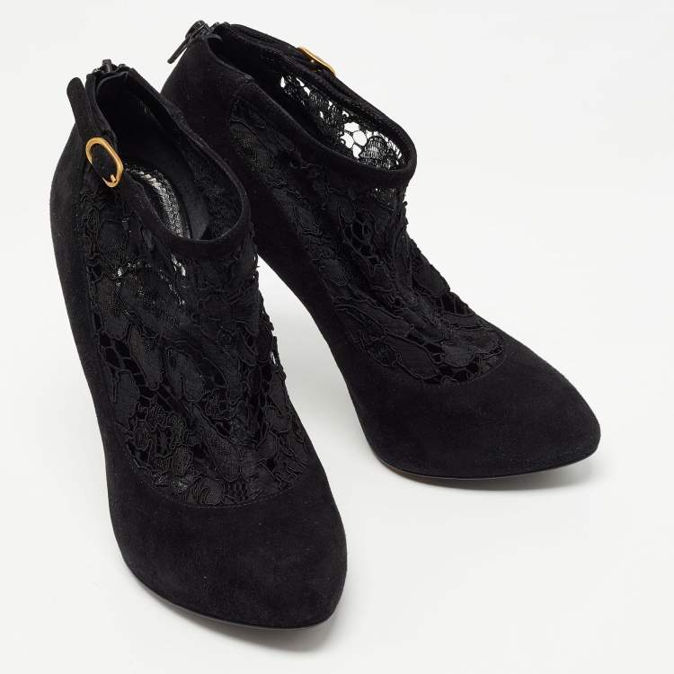 Pre Owned Dolce & Gabbana Black Suede and Lace Pointed Toe Booties Size 38.5