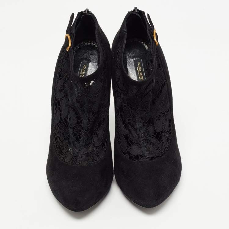 Pre Owned Dolce & Gabbana Black Suede and Lace Pointed Toe Booties Size 38.5