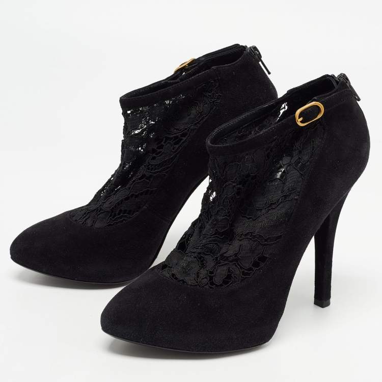 Pre Owned Dolce & Gabbana Black Suede and Lace Pointed Toe Booties Size 38.5
