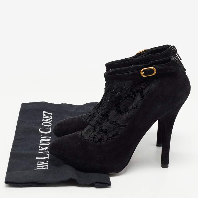 Pre Owned Dolce & Gabbana Black Suede and Lace Pointed Toe Booties Size 38.5
