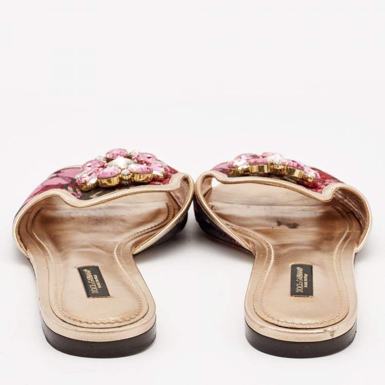 Pre Owned Dolce & Gabbana Pink Printed Fabric Crystal Embellished Sofia Flat Slides Size 38