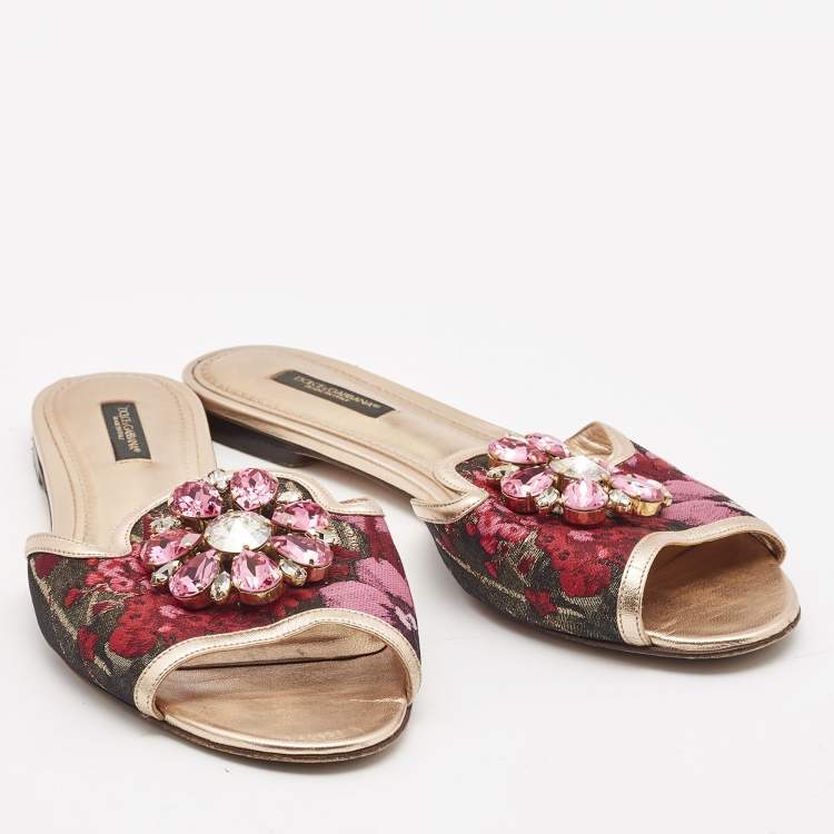Pre Owned Dolce & Gabbana Pink Printed Fabric Crystal Embellished Sofia Flat Slides Size 38