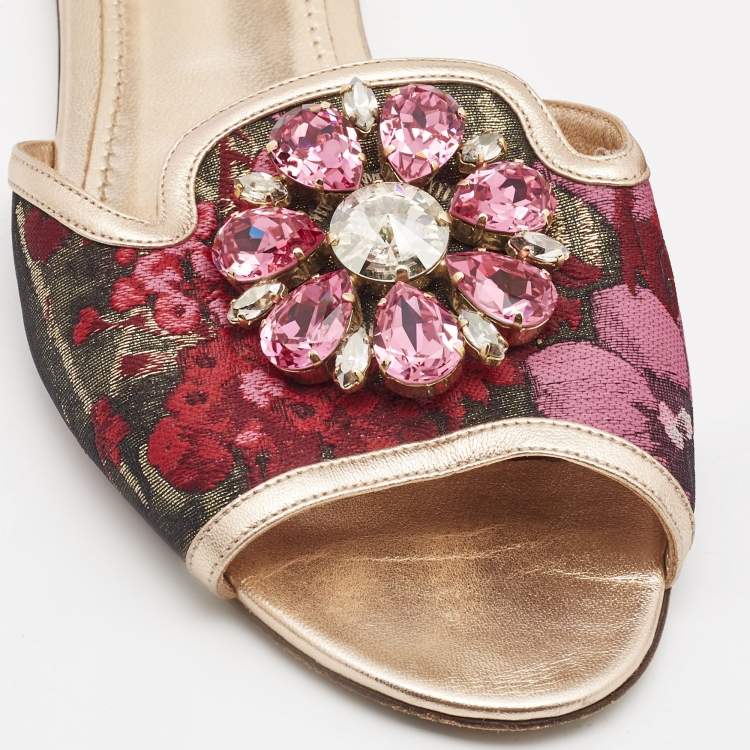Pre Owned Dolce & Gabbana Pink Printed Fabric Crystal Embellished Sofia Flat Slides Size 38