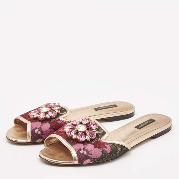 Pre Owned Dolce & Gabbana Pink Printed Fabric Crystal Embellished Sofia Flat Slides Size 38