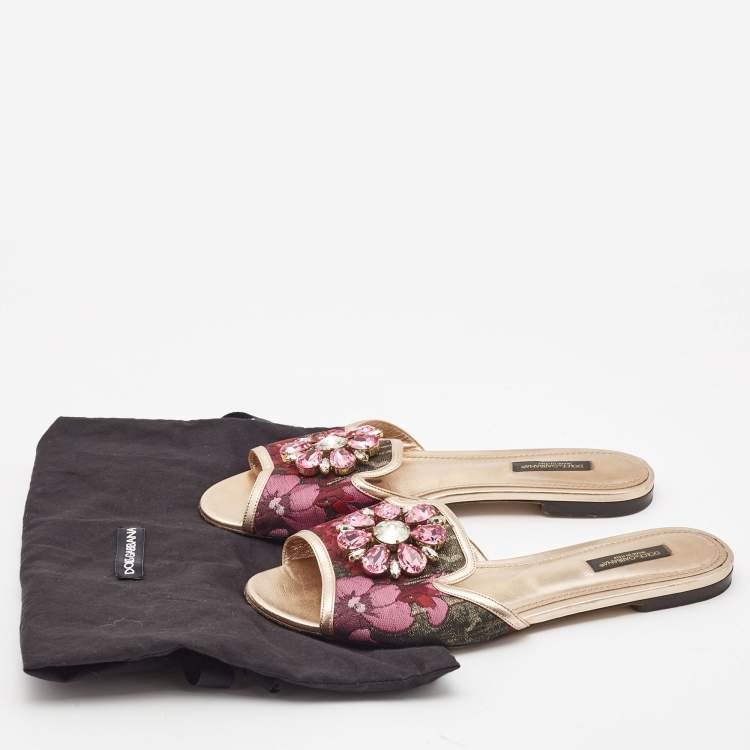 Pre Owned Dolce & Gabbana Pink Printed Fabric Crystal Embellished Sofia Flat Slides Size 38