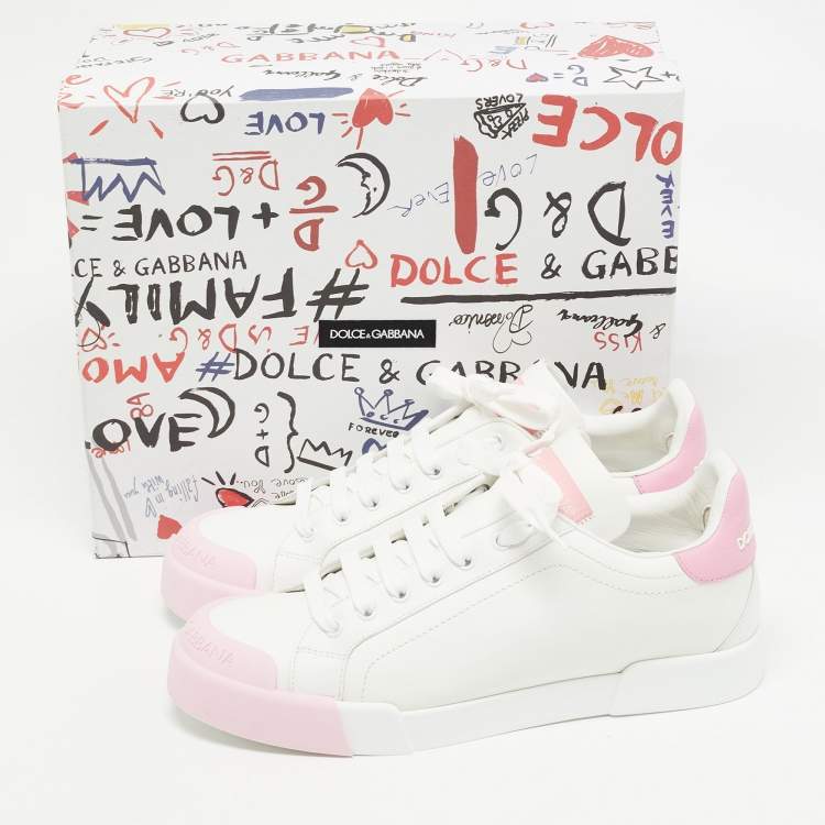 Pre Owned Dolce & Gabbana White/Pink Leather Portofino Low Top Sneakers Size 41
