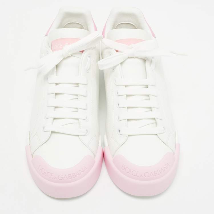 Pre Owned Dolce & Gabbana White/Pink Leather Portofino Low Top Sneakers Size 41