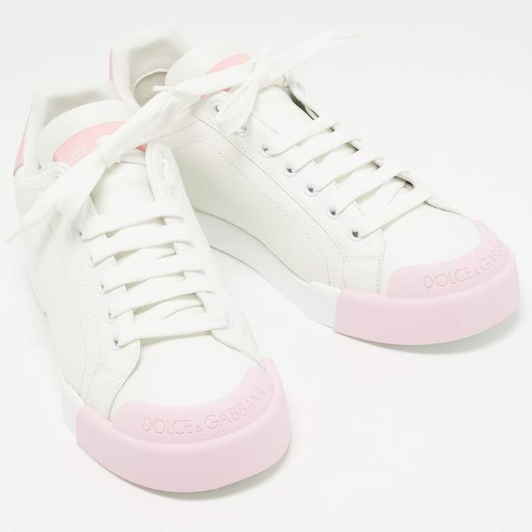 Pre Owned Dolce & Gabbana White/Pink Leather Portofino Low Top Sneakers Size 41