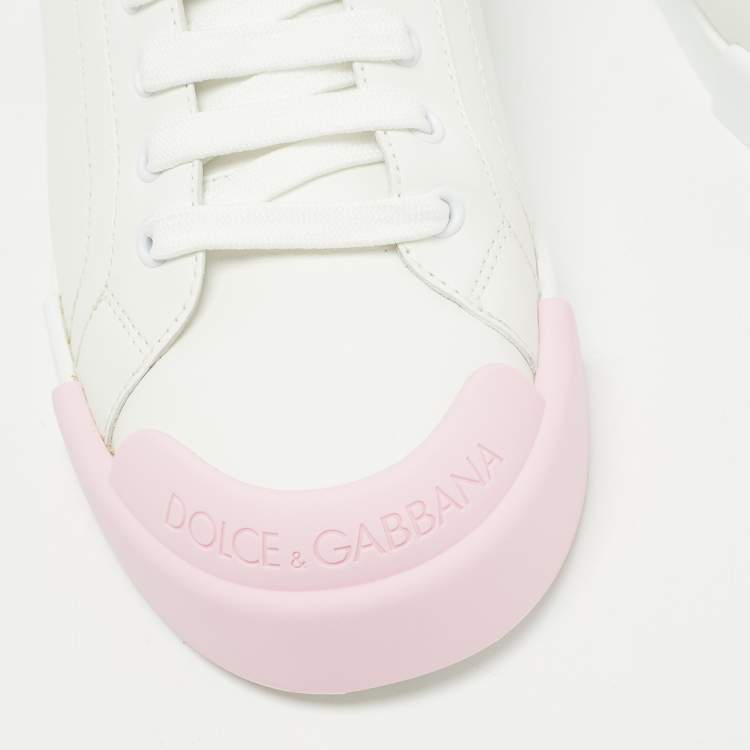 Pre Owned Dolce & Gabbana White/Pink Leather Portofino Low Top Sneakers Size 41