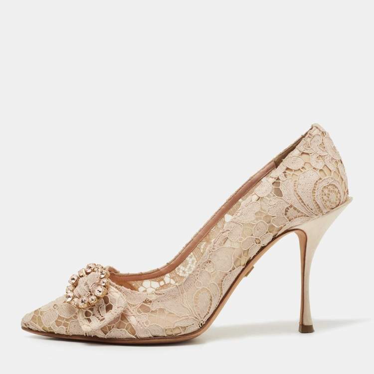Pre Owned Dolce & Gabbana Beige Lace Crystal Embellishment Pointed Toe Pumps Size 40.5
