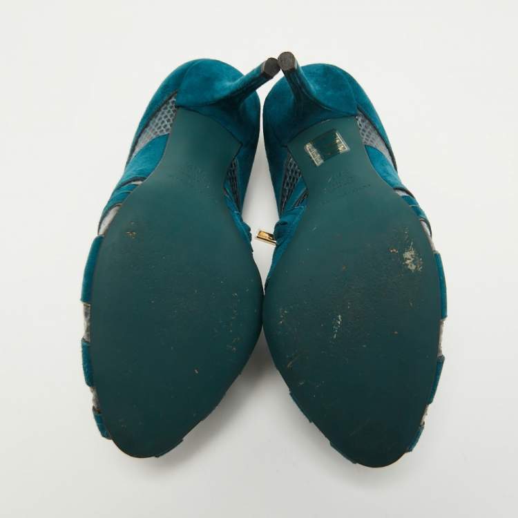 Pre Owned Dolce & Gabbana Teal Suede and Snakeskin Peep Toe Ankle Booties Size 38.5