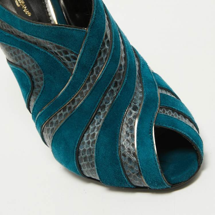 Pre Owned Dolce & Gabbana Teal Suede and Snakeskin Peep Toe Ankle Booties Size 38.5