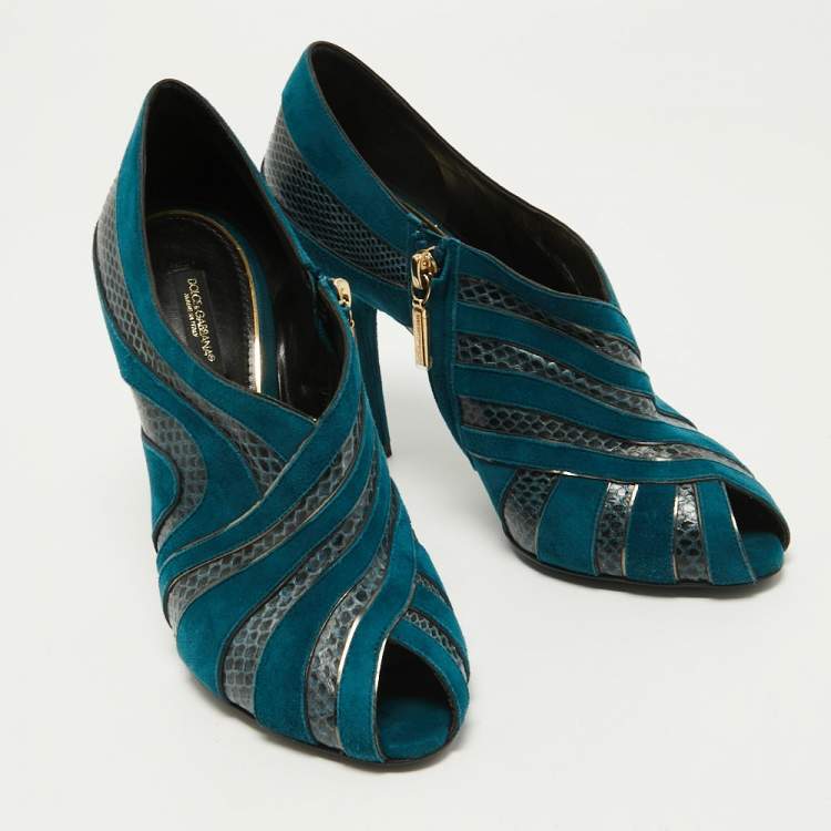 Pre Owned Dolce & Gabbana Teal Suede and Snakeskin Peep Toe Ankle Booties Size 38.5