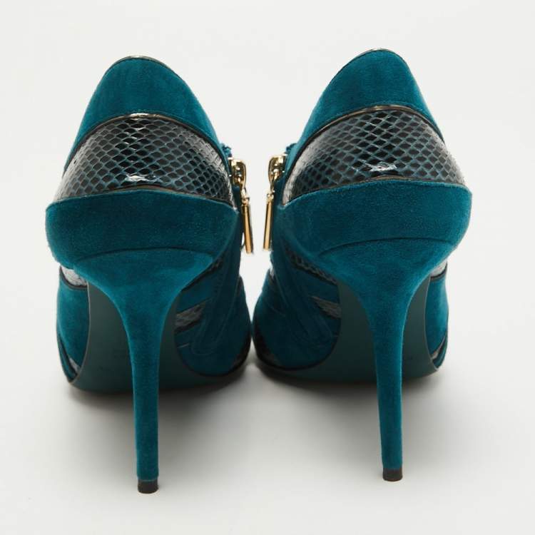Pre Owned Dolce & Gabbana Teal Suede and Snakeskin Peep Toe Ankle Booties Size 38.5