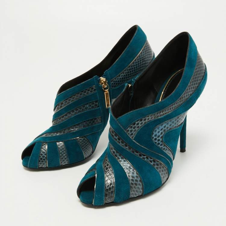 Pre Owned Dolce & Gabbana Teal Suede and Snakeskin Peep Toe Ankle Booties Size 38.5
