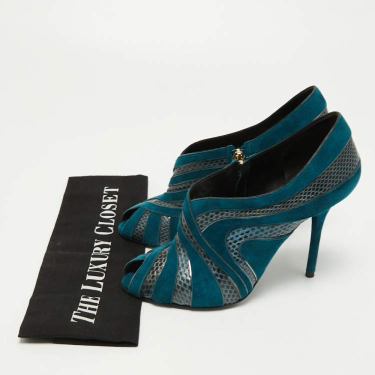 Pre Owned Dolce & Gabbana Teal Suede and Snakeskin Peep Toe Ankle Booties Size 38.5