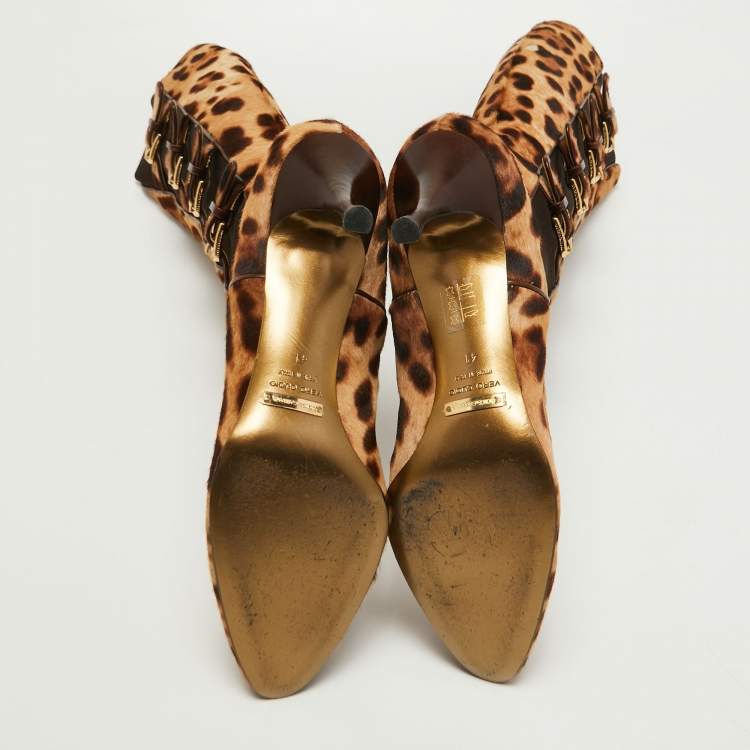 Pre Owned Dolce & Gabbana Brown/Brown Leopard Print Calf Hair Knee Length Boots Size 41