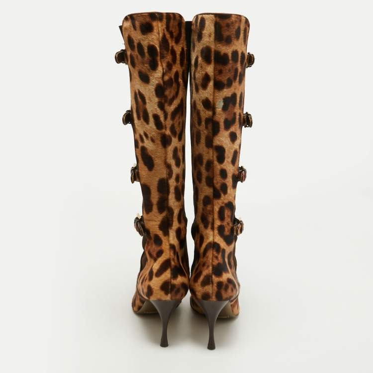 Pre Owned Dolce & Gabbana Brown/Brown Leopard Print Calf Hair Knee Length Boots Size 41