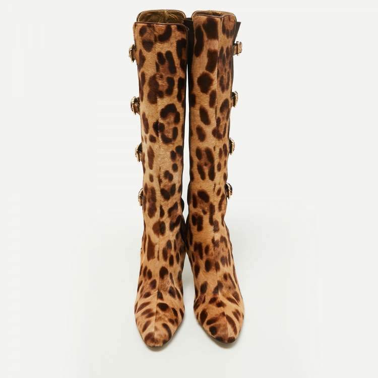 Pre Owned Dolce & Gabbana Brown/Brown Leopard Print Calf Hair Knee Length Boots Size 41