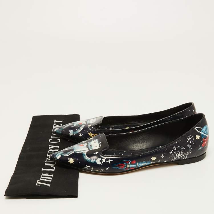 Pre Owned Dolce & Gabbana Navy Blue Patent leather Galaxy Print Ballet Flats Size 35.5