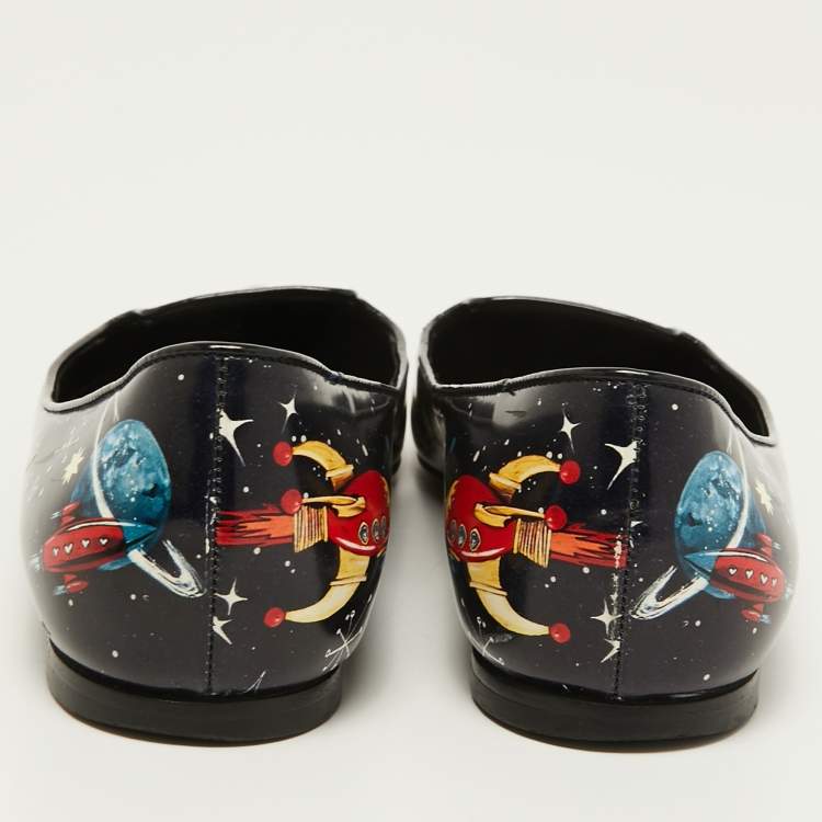 Pre Owned Dolce & Gabbana Navy Blue Patent leather Galaxy Print Ballet Flats Size 35.5