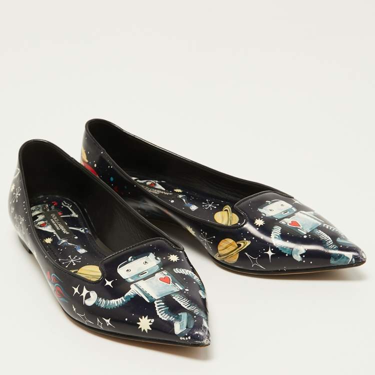 Pre Owned Dolce & Gabbana Navy Blue Patent leather Galaxy Print Ballet Flats Size 35.5