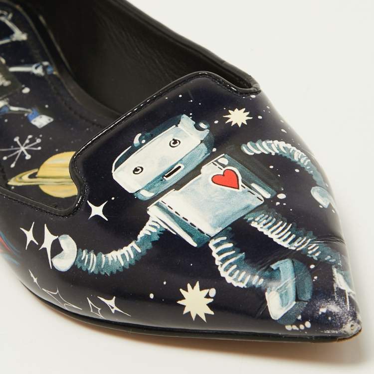 Pre Owned Dolce & Gabbana Navy Blue Patent leather Galaxy Print Ballet Flats Size 35.5