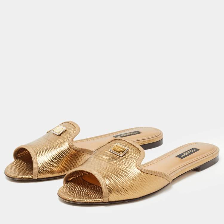 مملوكة مسبقًا Dolce & Gabbana Metallic Gold Lizard Embossed Leather Flat Slides Size 39