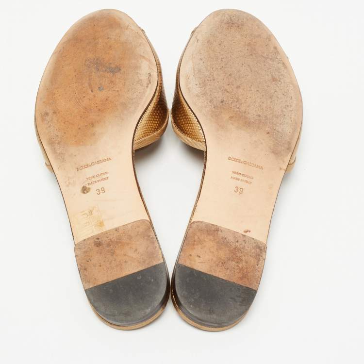 مملوكة مسبقًا Dolce & Gabbana Metallic Gold Lizard Embossed Leather Flat Slides Size 39