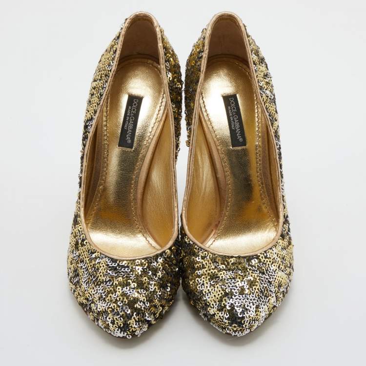 Pre Owned Dolce & Gabbana Metallic Gold/Silver Sequins Round Toe Pumps Size 36