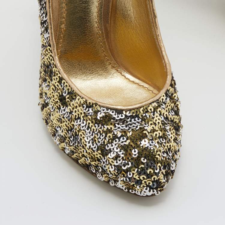 Pre Owned Dolce & Gabbana Metallic Gold/Silver Sequins Round Toe Pumps Size 36