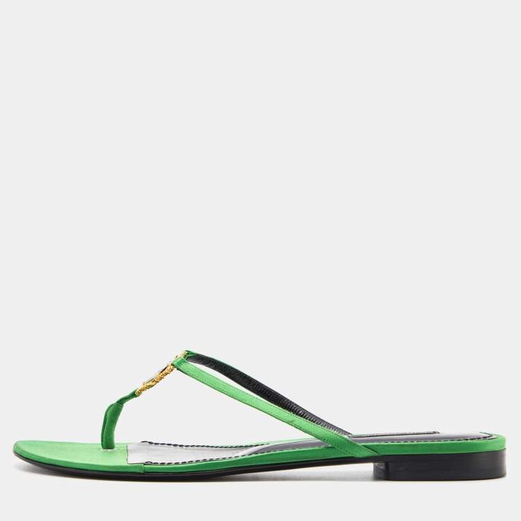 مملوكة مسبقًا Dolce & Gabbana Green Satin Heritage Thong Flats Size 39