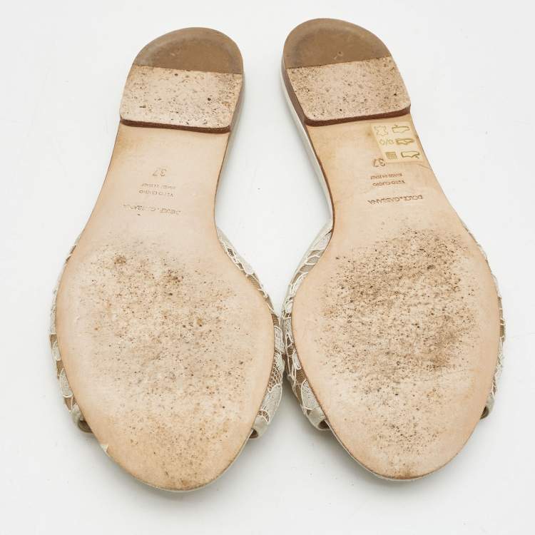 Pre Owned Dolce & Gabbana White/Grey Satin Crystal Embellishment Flat Slides Size 37   