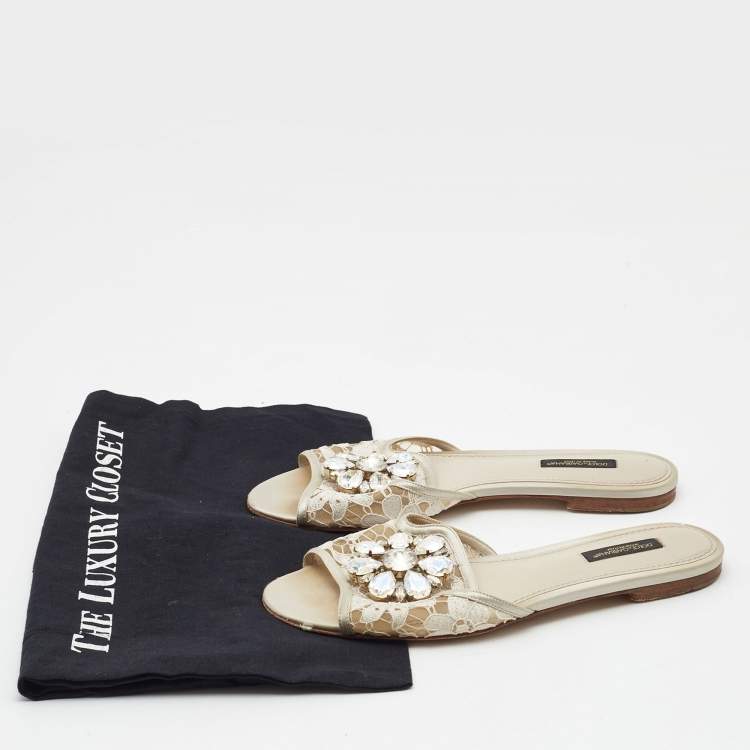 Pre Owned Dolce & Gabbana White/Grey Satin Crystal Embellishment Flat Slides Size 37   
