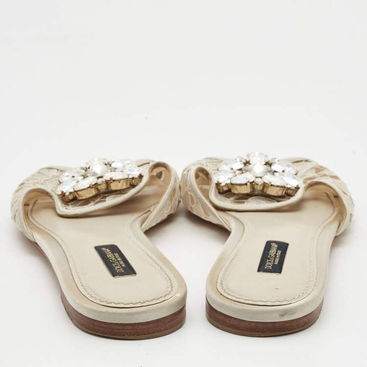 Pre Owned Dolce & Gabbana White/Grey Satin Crystal Embellishment Flat Slides Size 37   