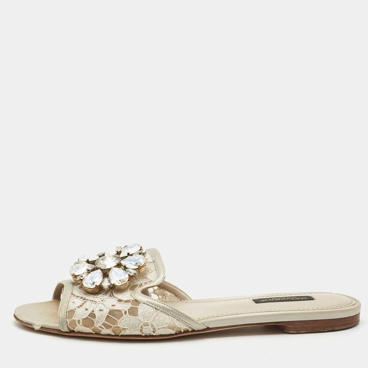 Pre Owned Dolce & Gabbana White/Grey Satin Crystal Embellishment Flat Slides Size 37   